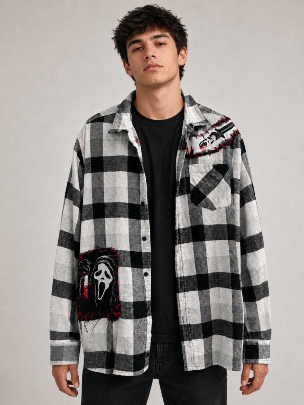 Ghost Face Patchwork Buffalo Plaid Flannel Shirt Men’s XL Scream Horror